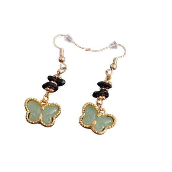 Faux Jade Butterfly Stone Dangle Earrings - Picture 1 of 4